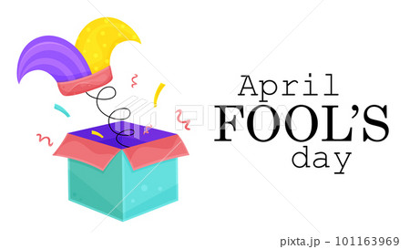 bright vector illustration card of a surprise box, april fools day, clown hat  101163969