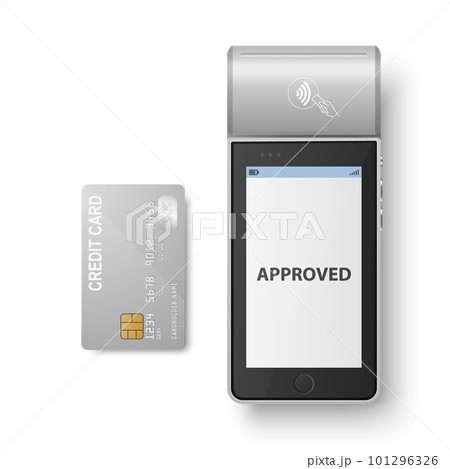 Vector 3d Gray NFC Payment Machine with Approved Status and Red Credit Card. Wi-fi, Wireless Payment. POS Terminal, Machine Design Template of Bank Payment Contactless Terminal, Mockup. Top View 101296326