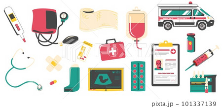 Medical tools set. Doodle drug store hospital supplies, pharmaceutical equipment and pills, cartoon first aid elements. Vector collection 101337139