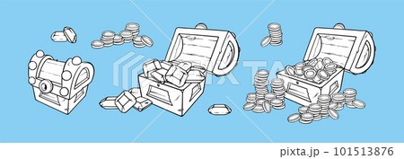 Treasure chest with coins and gem stones. Set of open and closed wooden trunks or chests with prescious stones and coins. Vector illustration 101513876