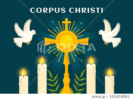 Corpus Christi Catholic Religious Holiday Vector Illustration with Feast Day, Cross, Bread and Grapes in Flat Cartoon Hand Drawn Poster Templates 101659001