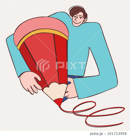 Young man holding large pencil. Vector isolated illustration. Writing and drawing. Education concept. Red curved line. 101713956