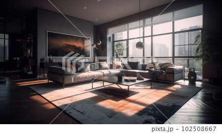 high-tech loft living room, large panoramic windows 102508667