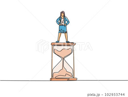 Single one line drawing of young business woman standing above hourglass. Sandglass to show time management business minimalist concept. Modern continuous line draw design graphic vector illustration. 102933744