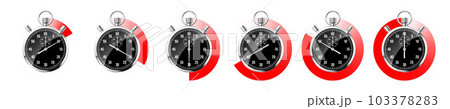 Realistic classic stopwatch. Shiny metal chronometer, black time counter with dial. Red countdown timer showing minutes and seconds. Time measurement for sport, start and finish. Vector illustration 103378283