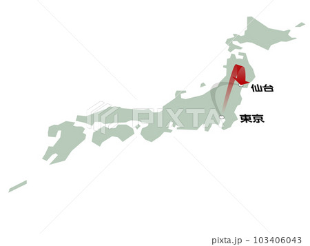 東京から仙台へ向かう立体的な矢印の日本地図　ベクターイラストレーション 103406043