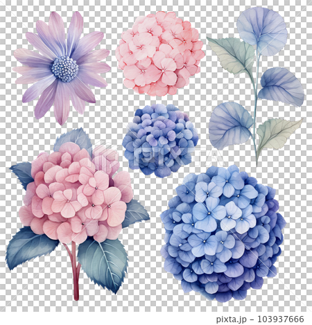 watercolor hydrangea, leaves, flower, AI Generative 103937666