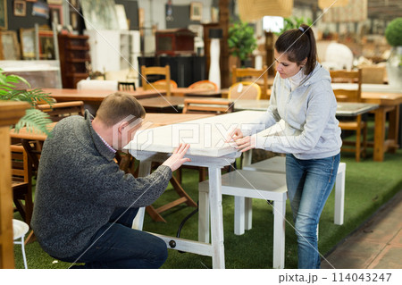 Couple choosing new furniture in salon 114043247