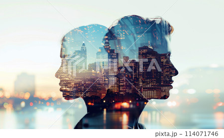 Double exposure portrait profile of calm thoughtful couple, woman and man, relationship concept 114071746