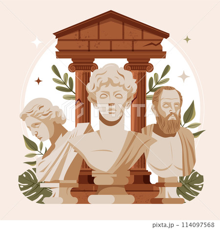 Hand drawn flat greco roman composition background with antique greek busts 114097568