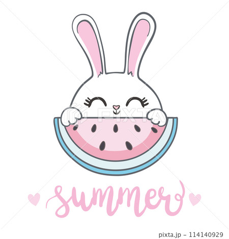 Cute bunny with watermelon summer time print. Sweet rabbit with fruit. Fashion child vector. 114140929