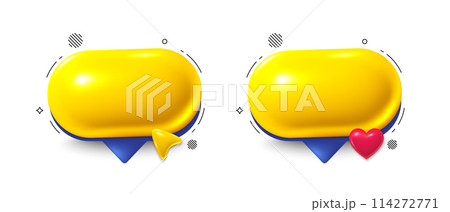 Chat speech bubble set. Yellow chat comment 3d icon. Talk message box. Modern realistic 3d design. Support speech bubble, chat message box. Social media dialog banners. Vector 114272771