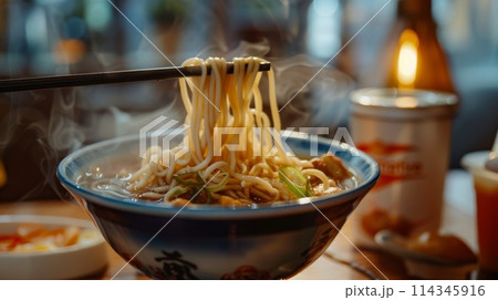 Japanese soy noodle soup in a bowl with chopsticks. 114345916