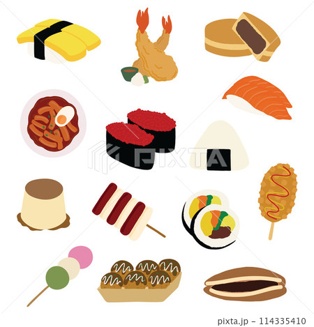 Hand drawn Asian snack such as sushi, tempura, red bean pancake, onigiri rice, corn dog, custard pudding, dango, takoyaki for grocery shopping, supermarket, cafe, restaurant, menu, recipe, stickers 114335410