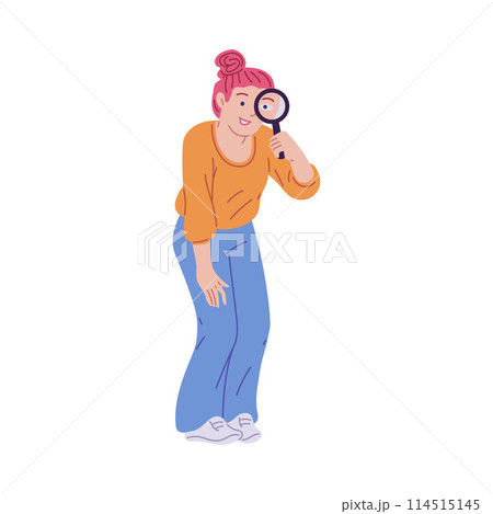 Young woman looking through magnifying glass and laughing vector flat illustration, searching or observation, loupe lens 114515145