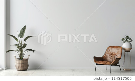 Minimalistic Interior Design with Elegant Leather Chair and Lush Indoor Plants. Ideal for Modern Home Decor Magazines. Wall Mockup 114517506