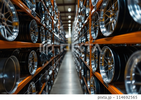 Aisle of a store displaying a variety of car rims on shelves with a shallow depth of field 114692565