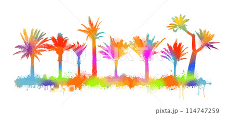 Silhouette of a Colored palm trees on a white background. hand drawing. Not AI. Vector illustration 114747259