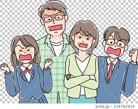 人物イラスト_怒った表情_怒っている親子_学生の娘息子と40代両親 114762919