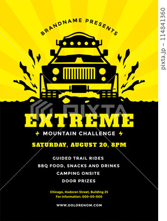 Off road truck competition poster or flyer event modern typography design template and 4x4 suv car silhouette. 114841360