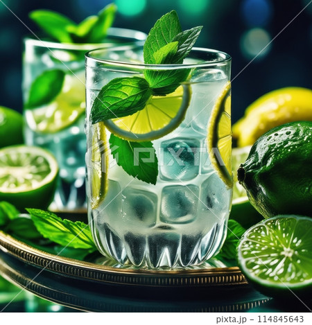 Cold and refreshing infused water with lime, mint and ice in glass. Copyspace 114845643