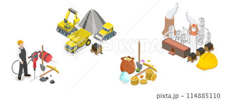 3D Isometric Flat  Conceptual Illustration of Mining, Extraction Machinery and Transport 114885110