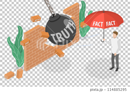 3D Isometric Flat  Conceptual Illustration of Fact Vs Truth, Honest Evidence Against Invented Deception 114885295