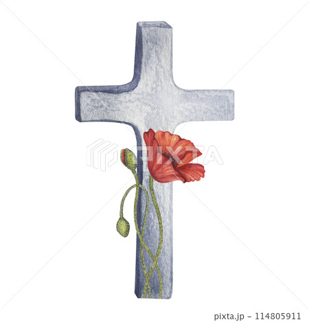 Red poppy flowers and stone cross symbol of war, Memorial Day in the USA, Anzac Day in Australia. Remember and honor. Lest We Forget. Hand drawn watercolor illustration isolated background 114805911