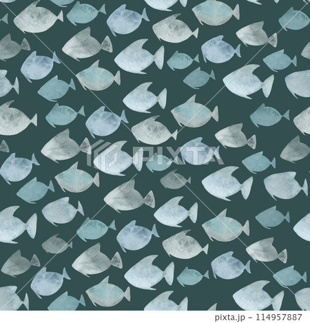 Seamless pattern with shallow water fish fleet on a blue background. Flock of ocean underwater world. Watercolor illustration. Hand drawn isolated art. Simple sea animals for textiles. Stylized form 114957887