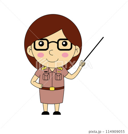 cartoon of woman teacher hold pointing stick to teach student 114909055