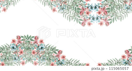 Seamless border of branches and flowers in watercolor illustration in pastel colors on a white background. Hand-drawn children's cards, invitations, decorations for children's parties. 115065057