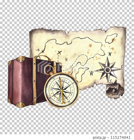 Travel and adventures. A vintage suitcase and an antique treasure map. Watercolor illustration made by hand in retro style. Highlight it. For banners, flyers, posters. For postcards and tickets. 115274041