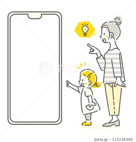 スマホ画面を見るお母さんと小さな女の子　シンプルでお洒落な線画イラスト 115236380