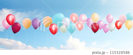 Pastel colors balloons bunch in blue sunny sky background with copy space 115328586