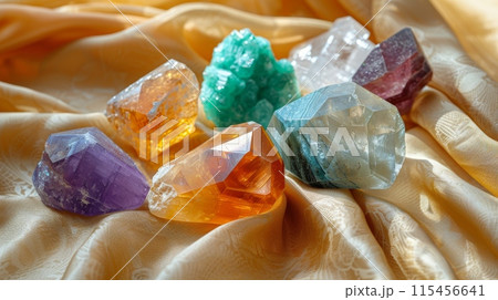 Various polished healing crystals like citrine, malachite, selenite on a silk cloth. New age banner 115456641