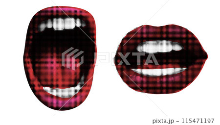 Female mouth in halftone treatment for collage isolated on white background.Sexy lips, vector trendy illustration in dot like pop art 115471197