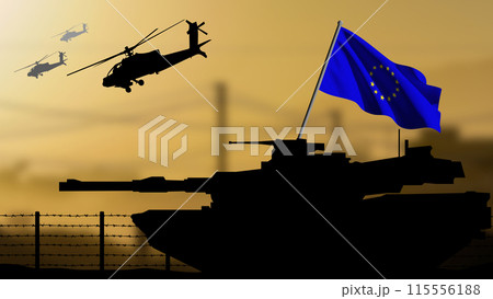 The silhouette of a tank in a war zone with the European flag, helicopters flying in the background 115556188