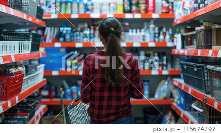 Woman in store comparing products 115674297