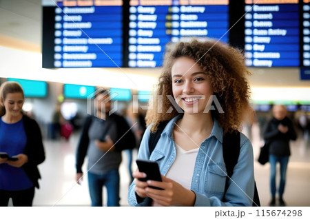 Happy traveler at the airport with phone 115674298