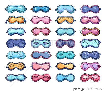 Cartoon Sleeping Masks Icon Set. White Background. Very Simple Cartoon Style Eye Cover Blindfold Relaxation Nap Travel Accessories Restful Slumber Illustration 115629188