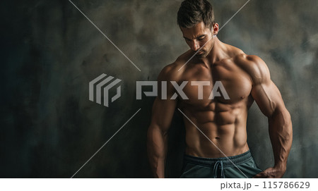 Muscular man looking down thoughtfully. 115786629