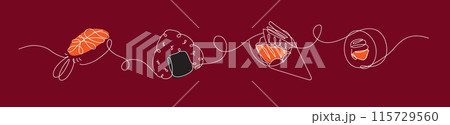 Asian food sushi and roll set linear style red 115729560