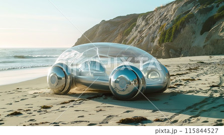 Futuristic Transparent Concept Car on a Scenic Beach with Rugged Cliffs and Ocean Waves 115844527