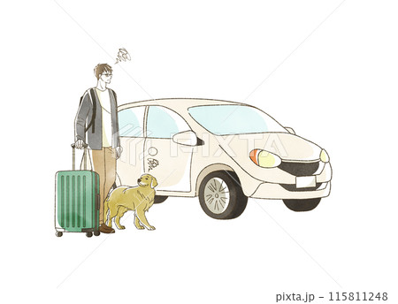 困った表情の車で旅行をする男性と犬 115811248