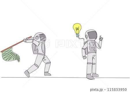 Continuous one line drawing astronaut who comes up with an idea. A brilliant idea that will be stolen by a business partner. Cheating in business. Betrayal. Single line draw design vector illustration 115833950