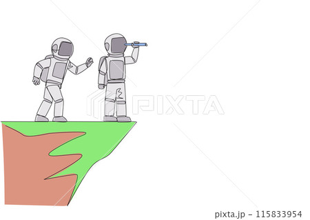 Single one line drawing the astronaut monitoring something at the edge of cliff using binocular. Monitoring business. Taken down by traitor from behind. Continuous line design graphic illustration 115833954