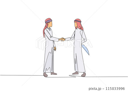 Continuous one line drawing two Arab businessmen shaking hands. One of them holds knife behind back. Getting ready to stab. Must win at all costs. Traitor. Single line draw design vector illustration 115833996