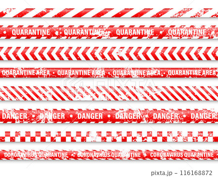 Old grunge quarantine zone warning tape. Novel coronavirus outbreak. Global lockdown. Red coronavirus danger stripe. Police caution line, restricted area. Construction tape. Vector illustration 116168872