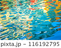 Colorful reflections on water creating an abstract pattern with vibrant hues of blue, yellow, red, and green. 116192795