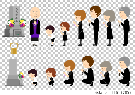 A set of three generations of a family visiting a grave for a memorial service 116137855